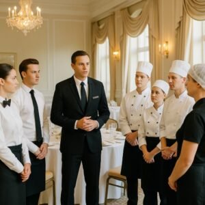 Chefs planning event staffing needs for catering services.